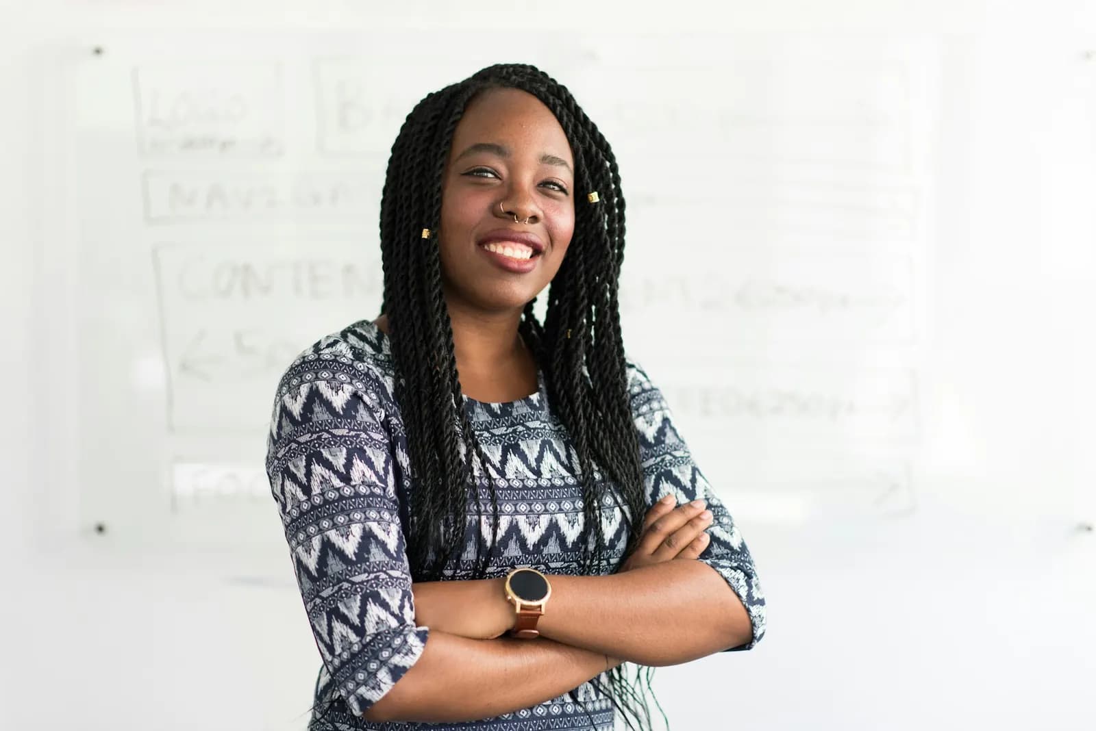 Confident woman standing in front of a whiteboard